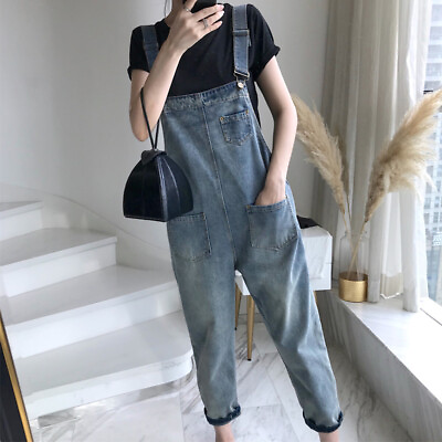 #ad Womens Denim Overall Loose Suspender Trousers Summer Casual Cropped Pants $26.99