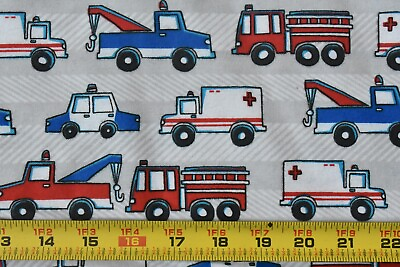 #ad By 1 2 Yd Red White Blue Emergency Vehicles on Gray Flannel Jo Ann SnuggleA525 $4.00