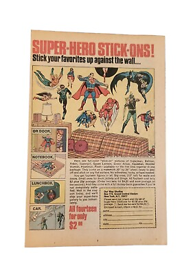 #ad 1972 VINTAGE MARVEL DC SUPER HERO STICK ONS PRINT AD Superman Batman Aquaman $8.99