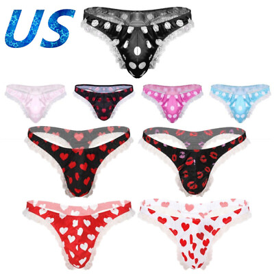 #ad US Sexy Men#x27;s Satin Ruffle Thongs Briefs Low Rise Sissy Pouch Panties Underwear $6.09