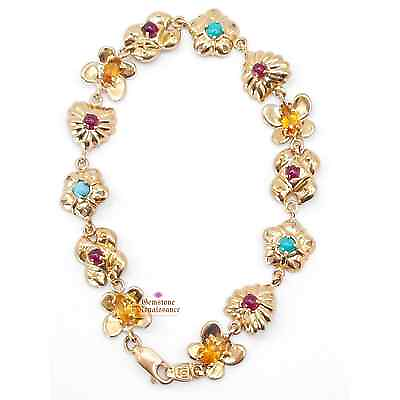 #ad Vintage Gold Flower Multi Gemstone Bracelet 14K yellow gold $968.00