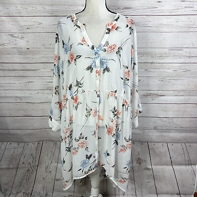 #ad Torrid Womens Sheer Button Up Tunic Blouse Size 4 4X White Floral Hi Low Chiffon $22.99