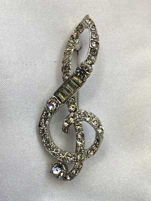 #ad Vintage Rhinestone Musical Note Brooch Pin Silver Tone Finish 740 $10.00