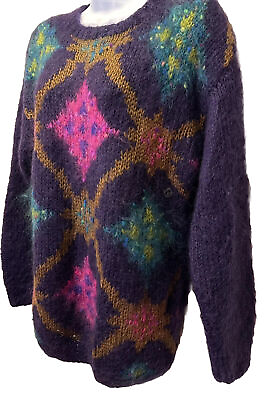 #ad NOS VTG Michelle Stuart Size L Purple Geometric Fuzzy Mohair Crewneck Sweater $24.61