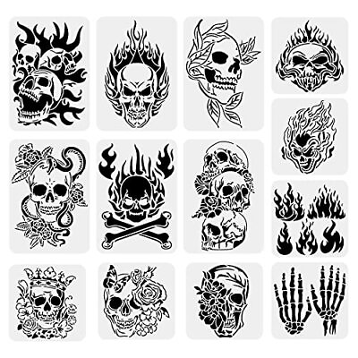 #ad 13PCS Skull Pattern Drawing Stencils Scary Skeleton Template Decoration $15.48