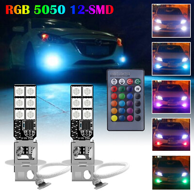 #ad 2X H3 5050 RGB 12SMD LED Auto Car Fog Light Bulbs Remote Control Multi Color $13.45