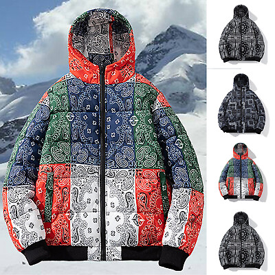 #ad Mens Hooded Outdoor Jacket Fashion Printing Cotton Padded down for It All Jacket $48.71