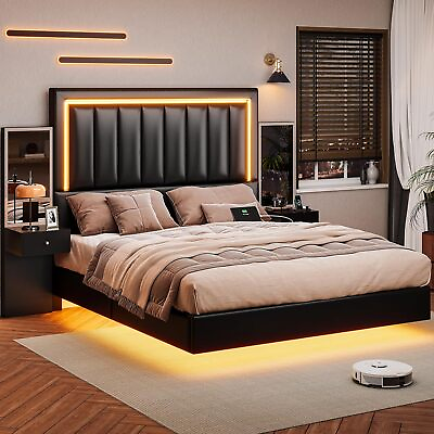#ad LED Floating Bed Frame with Tall Headboard Upholstered Platform Bed Queen Size $329.89