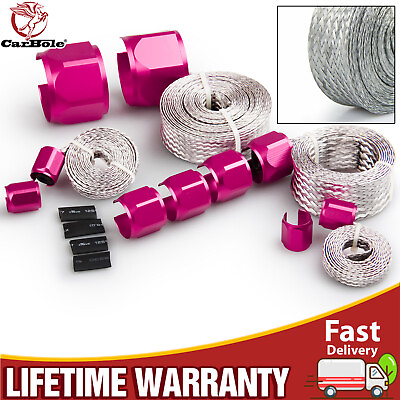 #ad Stainless Steel Braided Engine Hose Line Pipe amp; Sleeve Sleeving Kit Caps Pink $27.69