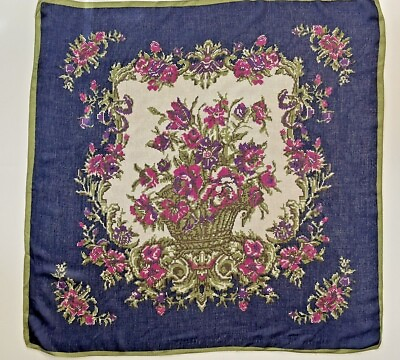#ad Scarf 30quot; Square Cotton? Wool? Tapestry Look Navy Green Magenta Flower Basket $9.99