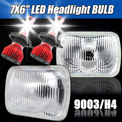 #ad 7X6 Stock Style Glass Lens Headlight Metal Headlamp H4 LED Light Bulbs Pair $103.59