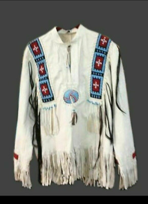 #ad Men Native American Western Buckskin White Leather Fringe Beaded Shirt Nl66 $130.47