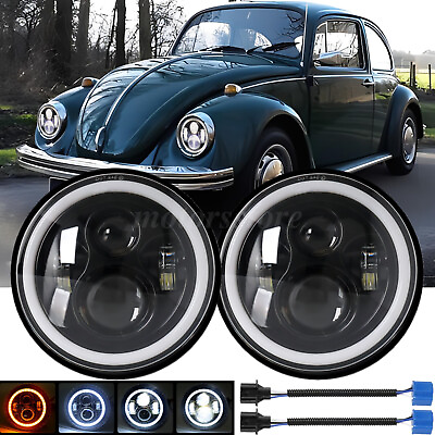 #ad 7quot; Inch Round LED Headlights Hi Lo Beam Halo Angle Eyes for VW Beetle 1967 1979 $40.99