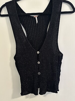 #ad Free People Women#x27;s Knit Tank Black Sparkle medium Front Button Closure $14.99
