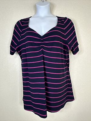 #ad Lane Bryant Women Plus Sz 22 24 2X Navy Fusha Stripe Rib Knit Top Short Sleeve $15.99