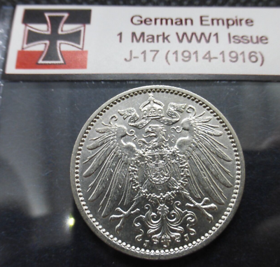 #ad German Empire Silver Coin 1 Mark WW1 Issue 1914 1916 Reich Rare Artifact 0.900 $18.88