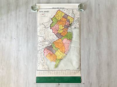 #ad 1950s Rare Large Pull Down Map of New Jersey by A.J. Nystrom Unrivaled Series S $185.00