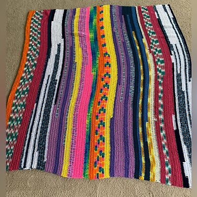 #ad Handmade Crocheted Funky Hippie Boho Multicolor Striped Afghan Blanket VTG 70s $65.00
