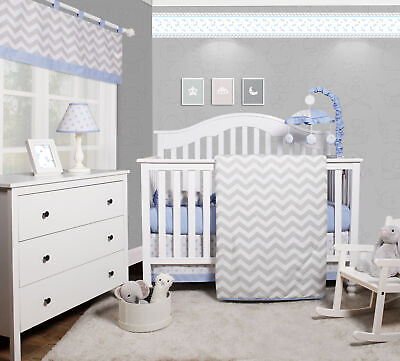 #ad 5 PCS Bumperless Blue Grey Chevron Baby Boy Nursery Crib Bedding Sets OptimaBaby $35.00
