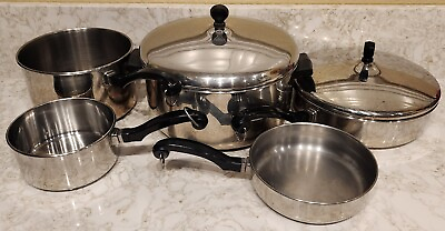 #ad Farberware 7 pc Cookware Set Stainless Steel Aluminum Clad Pots Pans Vintage Lid $129.57