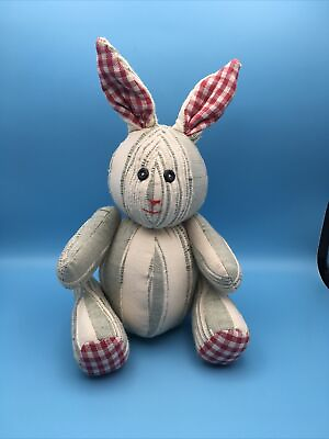 #ad Handmade Cloth Cuddly BUNNY Movable Arms Legs Green White Red Check Ears amp; Tail $40.00