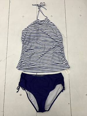 #ad Holi Pick Womens Blue White Striped Two Piece Swim Suit Set Size XL $20.00