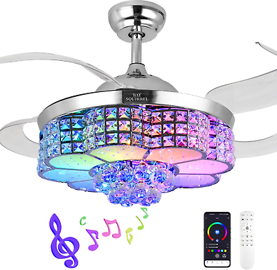#ad Retractable Crystal Ceiling Fan with Light Remote App Control RGB LED Dimmable $330.36