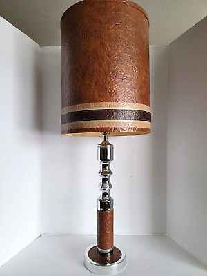 #ad Vtg Mid Century Modern Chrome amp; Naugahyde Leather Table Lamp amp; Original Shade $295.00