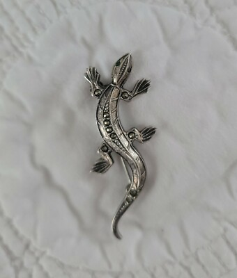 #ad Vintage Green Eyed Lizard Pin Marcasite Sterling 925 Signed CC 4 grams $25.99