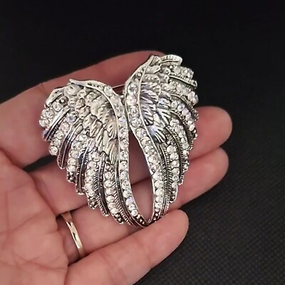 #ad Elegant Sparkling Silver Angel Wing Enamel Brooch Jewelry Pouch Box Available $15.50