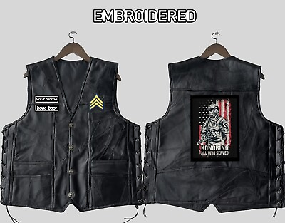 #ad Veteran Vest Embroidered Leather Vest leather Men Vest Jacket Gift for him $68.39