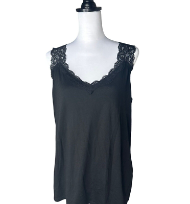 #ad Faded Glory 2X 18W 20W Lace Tank Top V Neck Black Spandex Casual Loose Shirt $10.00