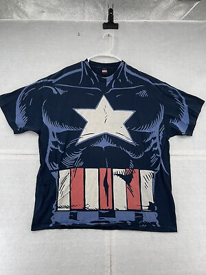 #ad Marvel Captain America Shirt Adult 2XL XXL Navy Blue AOP All Over Mad Engine Men $19.95