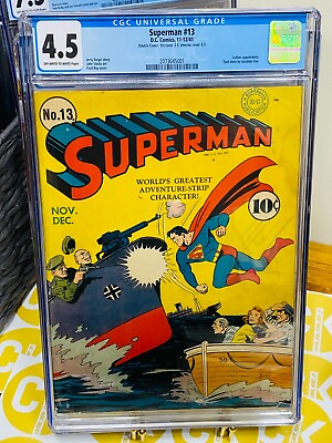 #ad DOUBLE COVER Superman #13 CGC 4.5 1941 DC 1st DC Superman Logo WWII CLASSIC $6099.00