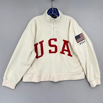 #ad Vintage Ralph Lauren Polo Sport USA Fleece 1 4 Zip Pullover Men Medium Ivory 90s $149.99