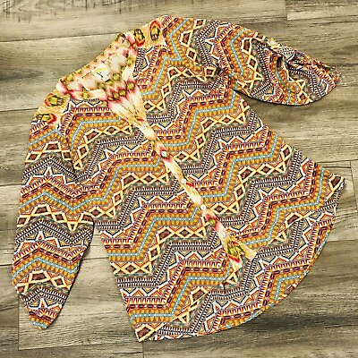 #ad Fig and Flower Aztec Print Blouse Top Size S Boho Multicolor Roll Tab Sleeve $18.99