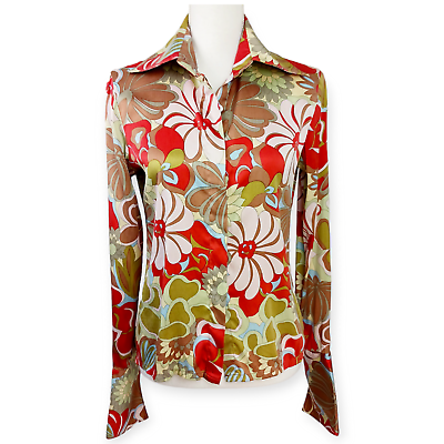 #ad Farinaz Taghavi SZ 2 Silk 70s Style Floral Button Down Blouse $285 $32.00