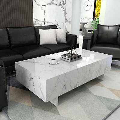 #ad 41quot; Modern White Coffee Table High Gloss Marble Veneer Rectangle Living Room $119.99