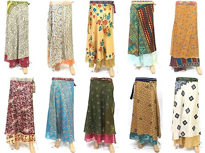 #ad Women Vintage 2 pcs Silk Sari long Wrap Around Skirts Dress $23.53