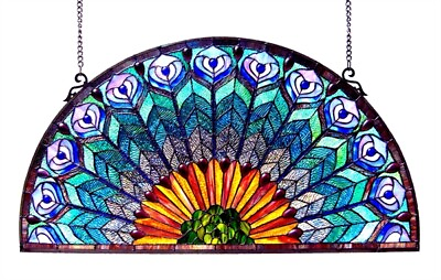 #ad Tiffany Style Stained Glass Window Panel Half Moon Peacock LAST ONE THIS PRICE $280.80