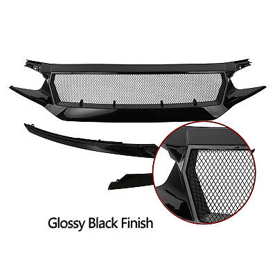#ad Fits 2016 2021 Honda 10th Gen Civic Glossy Black Mesh Grille Assembly $93.88