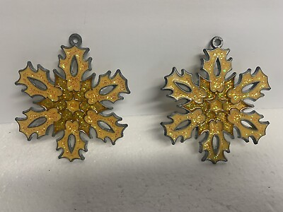 #ad Vintage 2 Enamel Gold Yellow Glitter Metal Snowflake Christmas Tree Ornament $11.89
