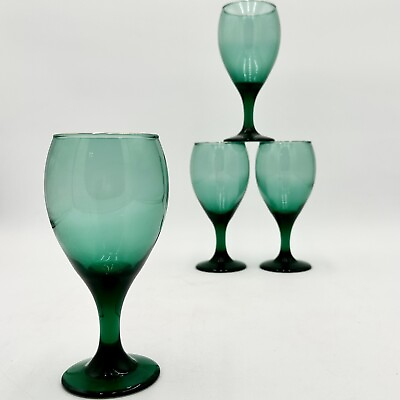 #ad Green Wine Glasses Gold Rimmed 6.5” Tall Set Of 4 four $36.94