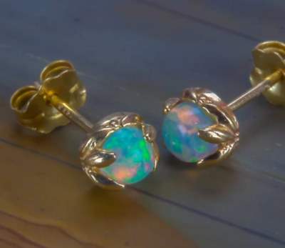 #ad Fire Opal Stud Earrings genuine AAA grade rainbow gemstones gold jewelry Plated $85.00