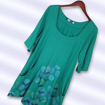 #ad Blue Fish Dress 0 Green Artsy Floral Print Pockets Organic Cotton Stretch Knit $89.95