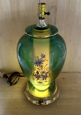 Vintage Table Lamp 3 WAY LIGHT Green Glass Floral $90.47
