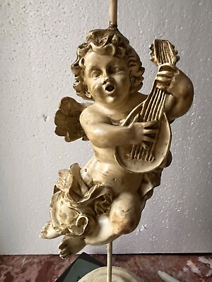 #ad Vintage Antique distress color Cherub angel with lute Candle Holder Figurine 17” $22.00