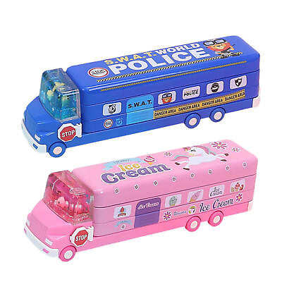 #ad Metal Cute School Bus Pencil Case Stationery Box With 3 Layers For Pencil $10.20