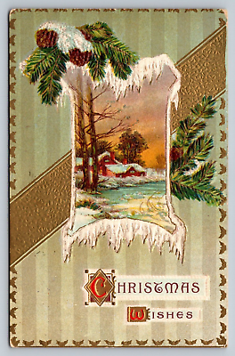 #ad Postcard Christmas winter scene evergreen pine cone snow $3.59