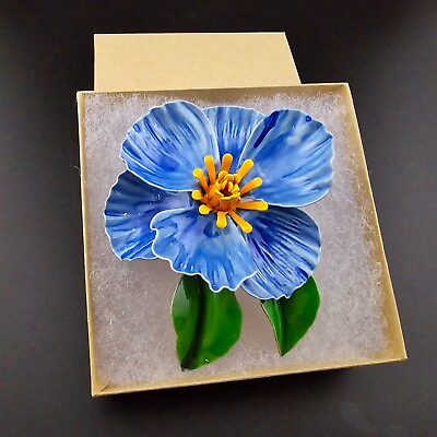 #ad Vintage Enameled Brass Hibiscus Flower Brooch Large Statement Blue Flower 3.25quot; $39.97
